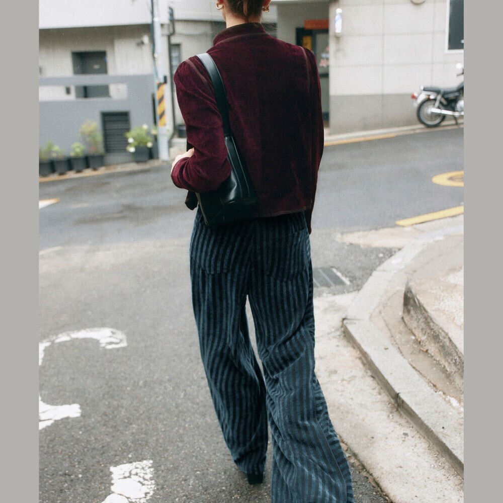 Navy Blue Striped Velvet High Waist Wide Leg Trousers - Picture 5 of 8